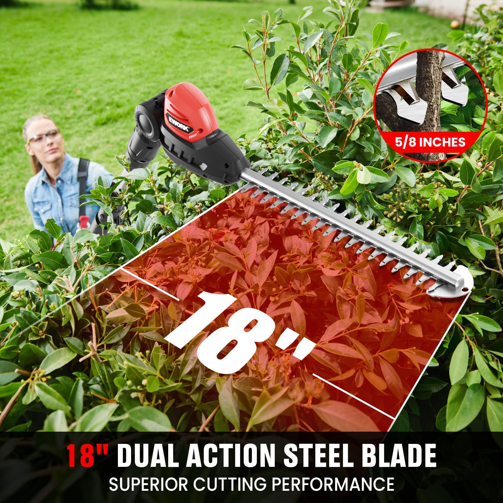 EWORK 18-inch dual-action steel blade close-up for smoother, cleaner cuts