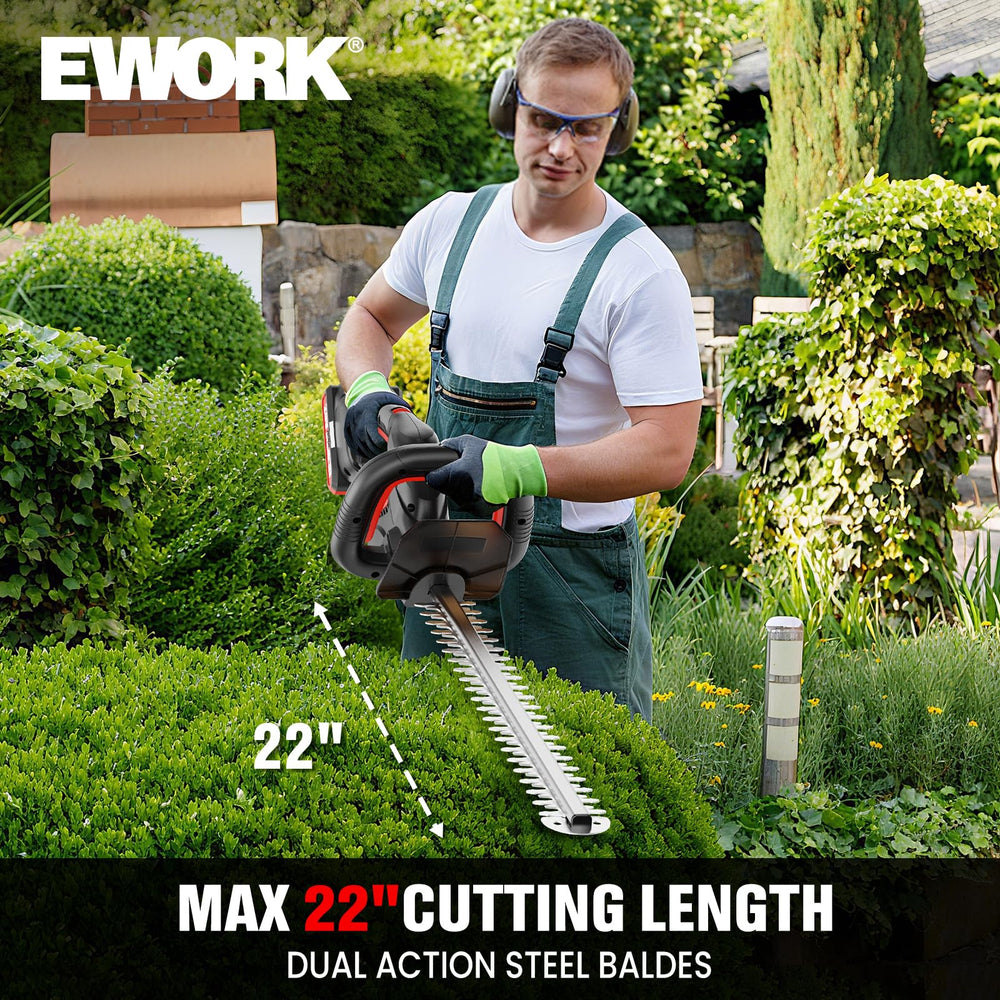 EWORK close-up of 22-inch dual-action blade highlighting precision and clean cuts