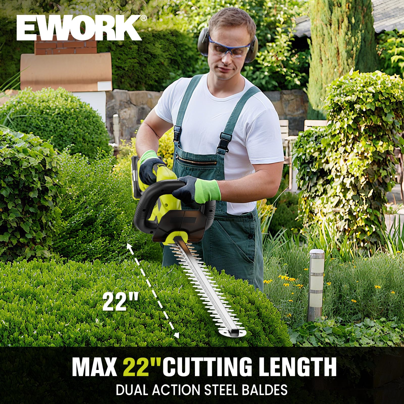 EWORK dual-action 22-inch blade closeup illustrating cleaner cuts and durability