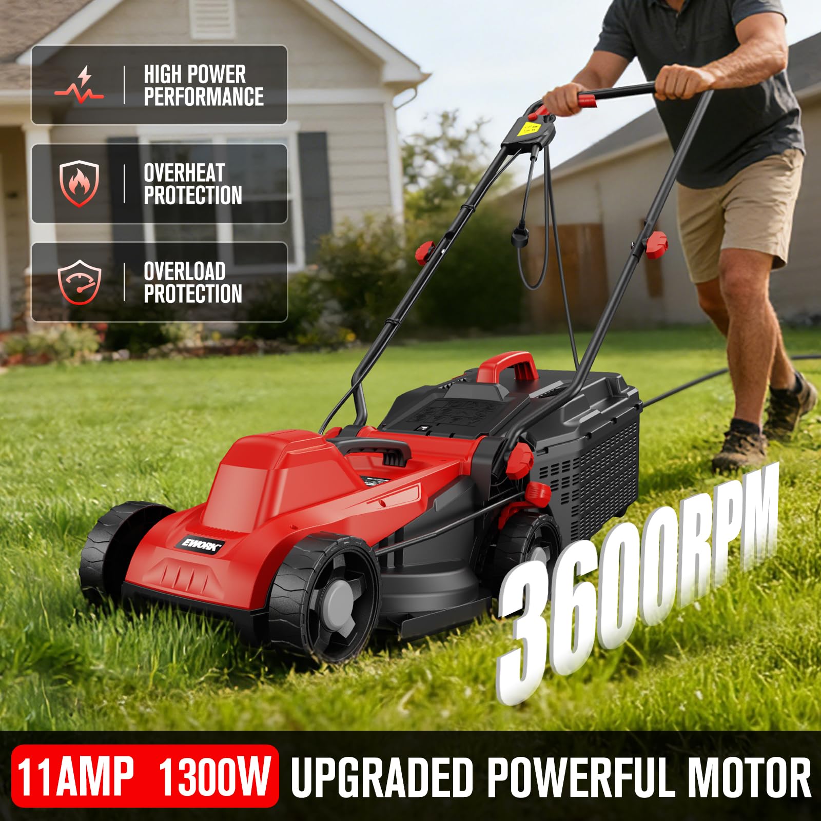 EWORK attached 30L grass catcher showing cleaner lawn and easier disposal