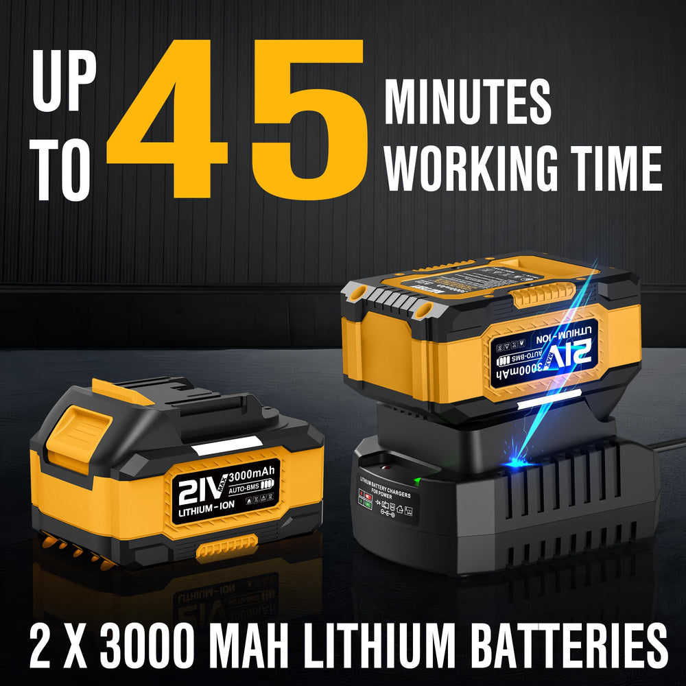 EWORK two 3.0Ah batteries and fast charger demonstrating continuous runtime benefit