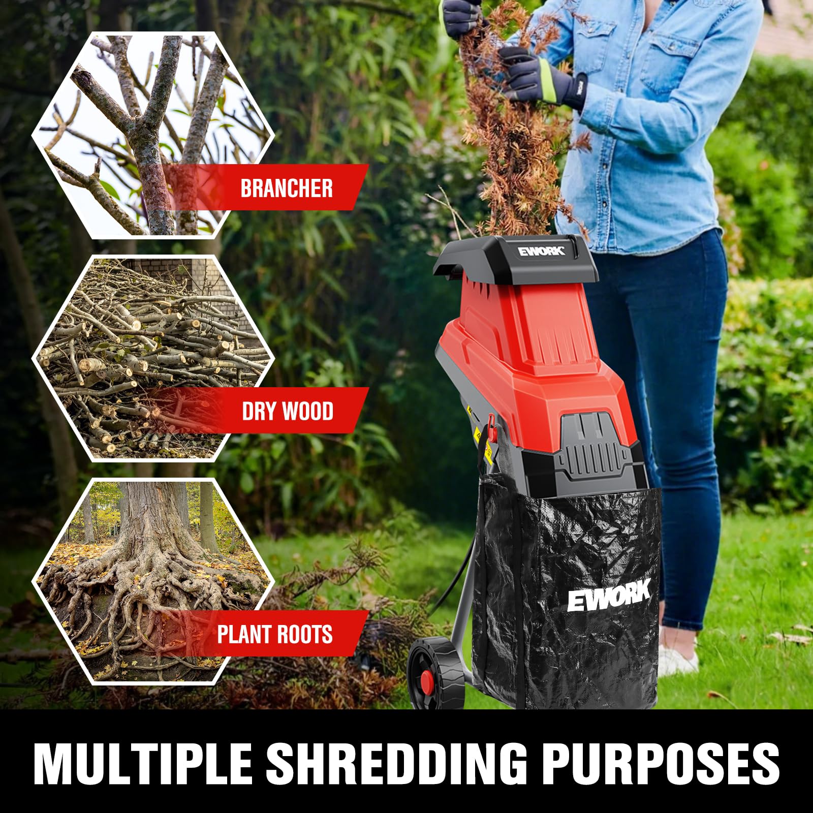 EWORK chipper in yard use producing mulch with quiet residential operation