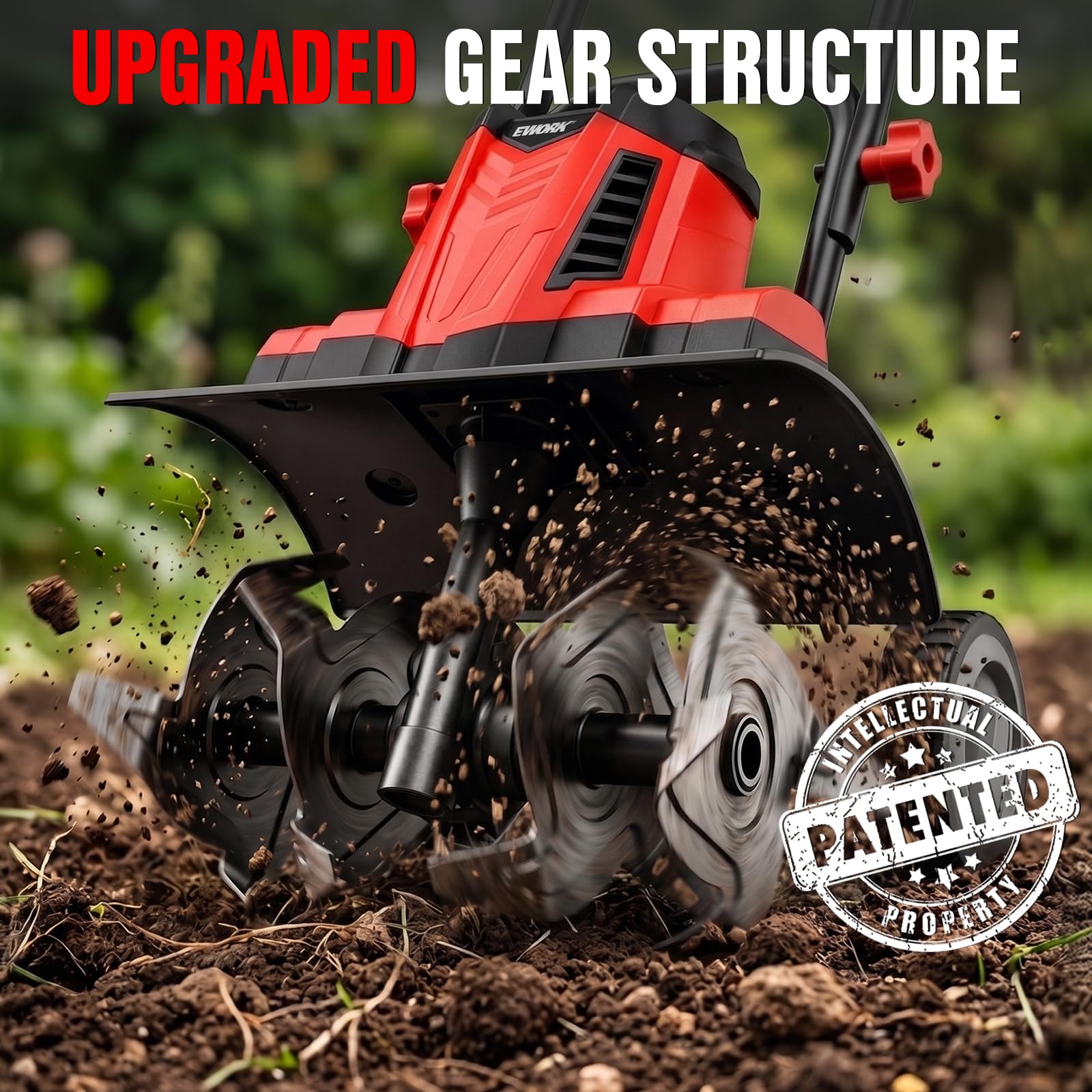EWORK close-up of manganese steel claw tines for durable soil penetration
