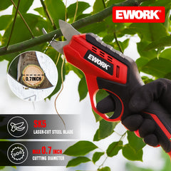 EWORK cutting a small branch demonstrating fast, effortless trimming