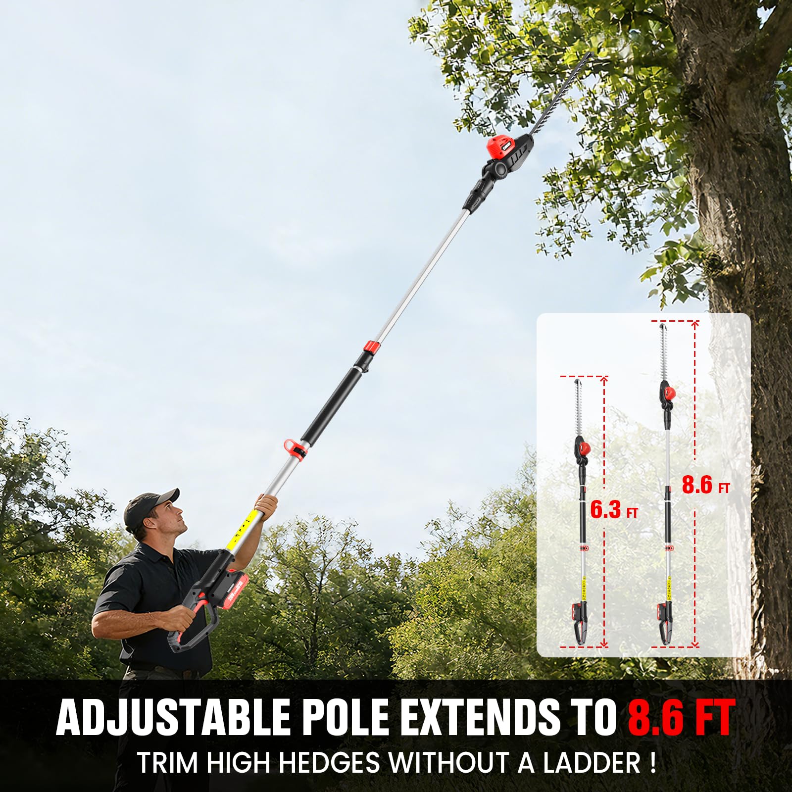 EWORK trimmer extended pole demonstrating reach and ladder-free trimming benefit
