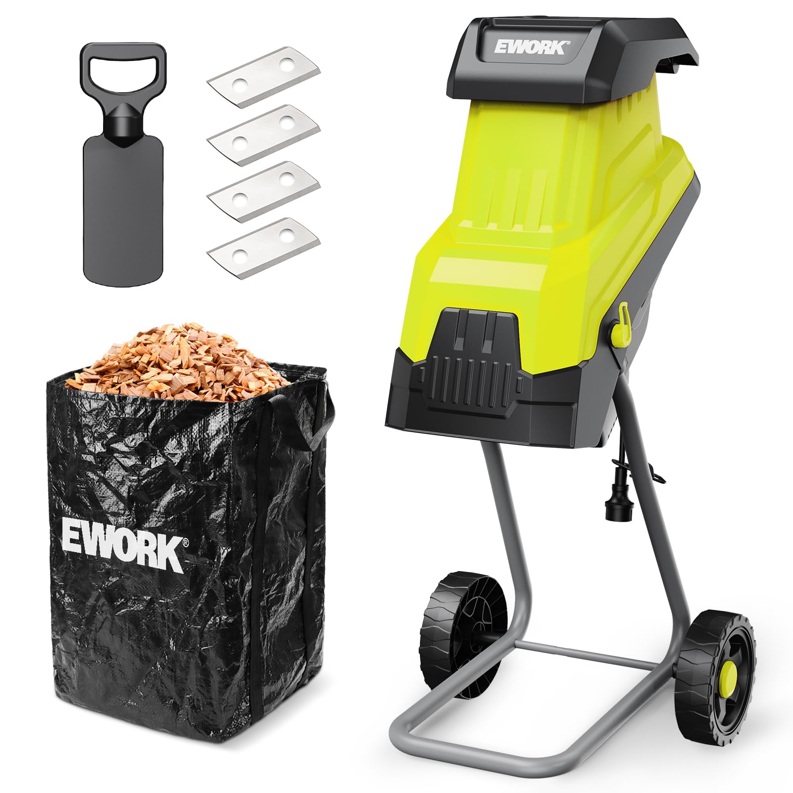 EWORK front view of electric chipper showing compact design and start controls for easy use