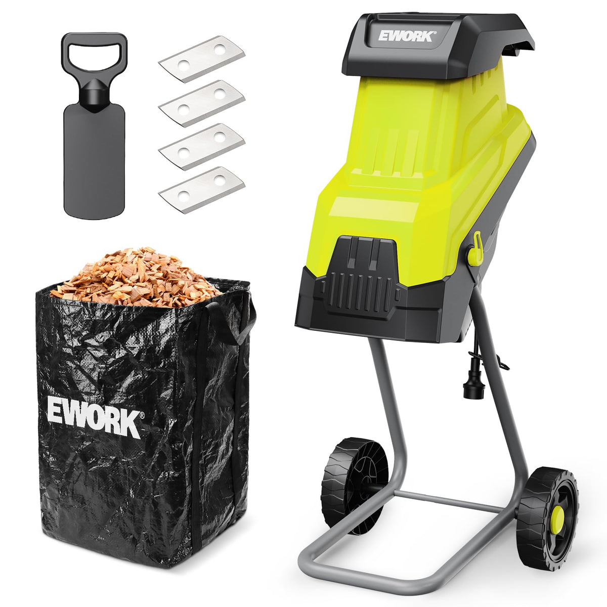 EWORK front view of electric chipper showing compact design and start controls for easy use