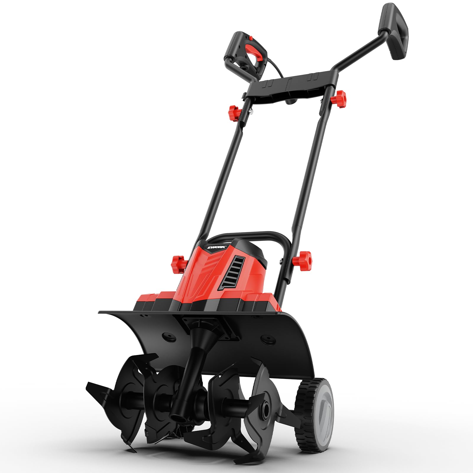 EWORK front view of rototiller showing compact design and efficient coverage