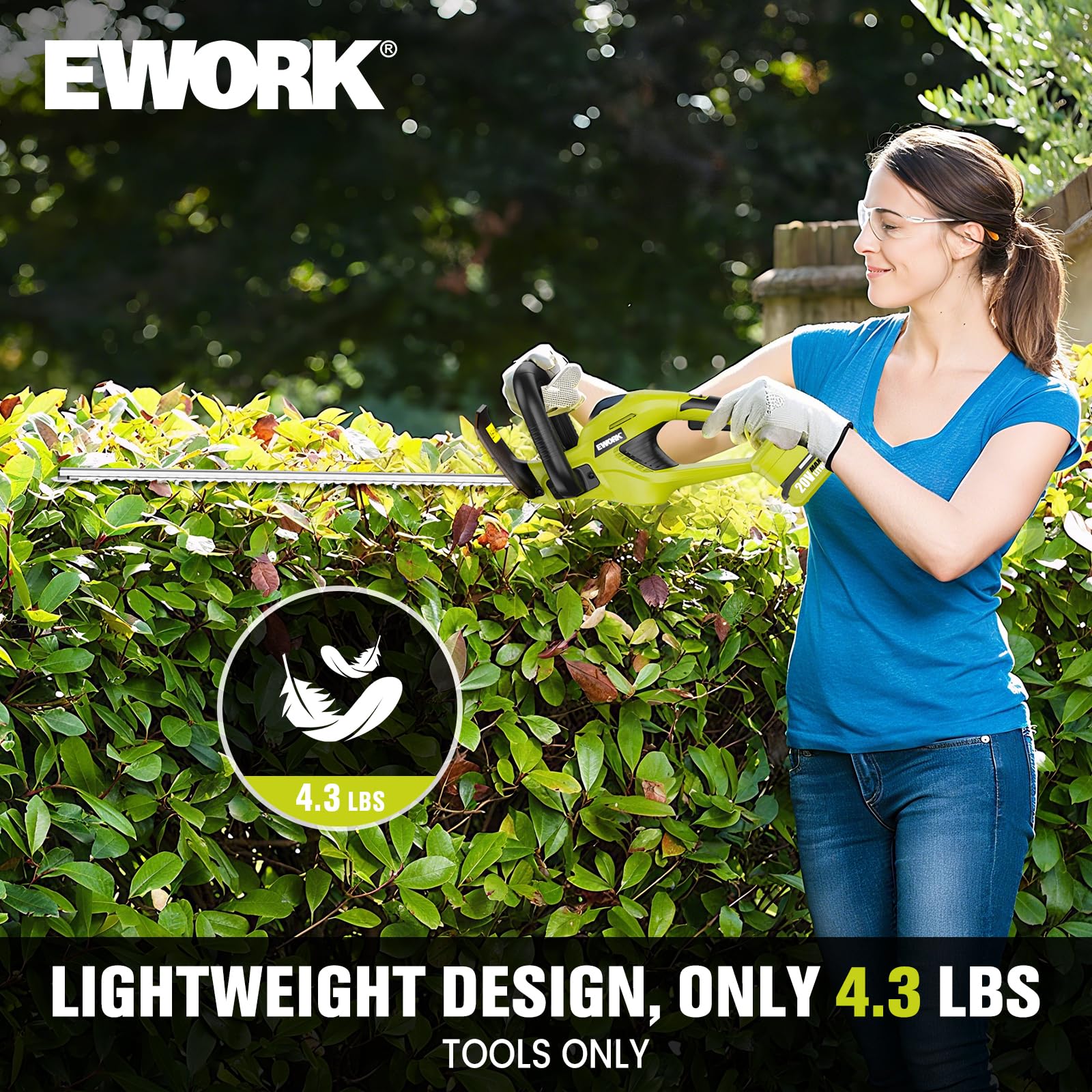 EWORK in-use lifestyle shot showing efficient hedge shaping and time savings