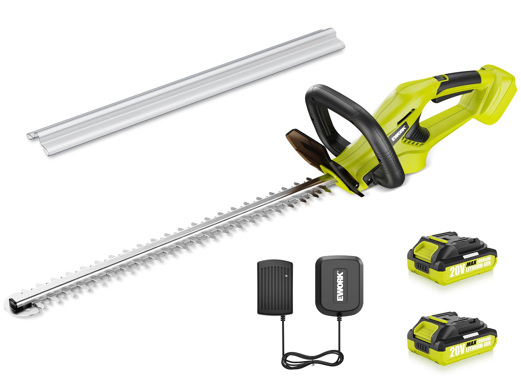 EWORK hedge trimmer front view showing balanced design and ready-to-use benefit