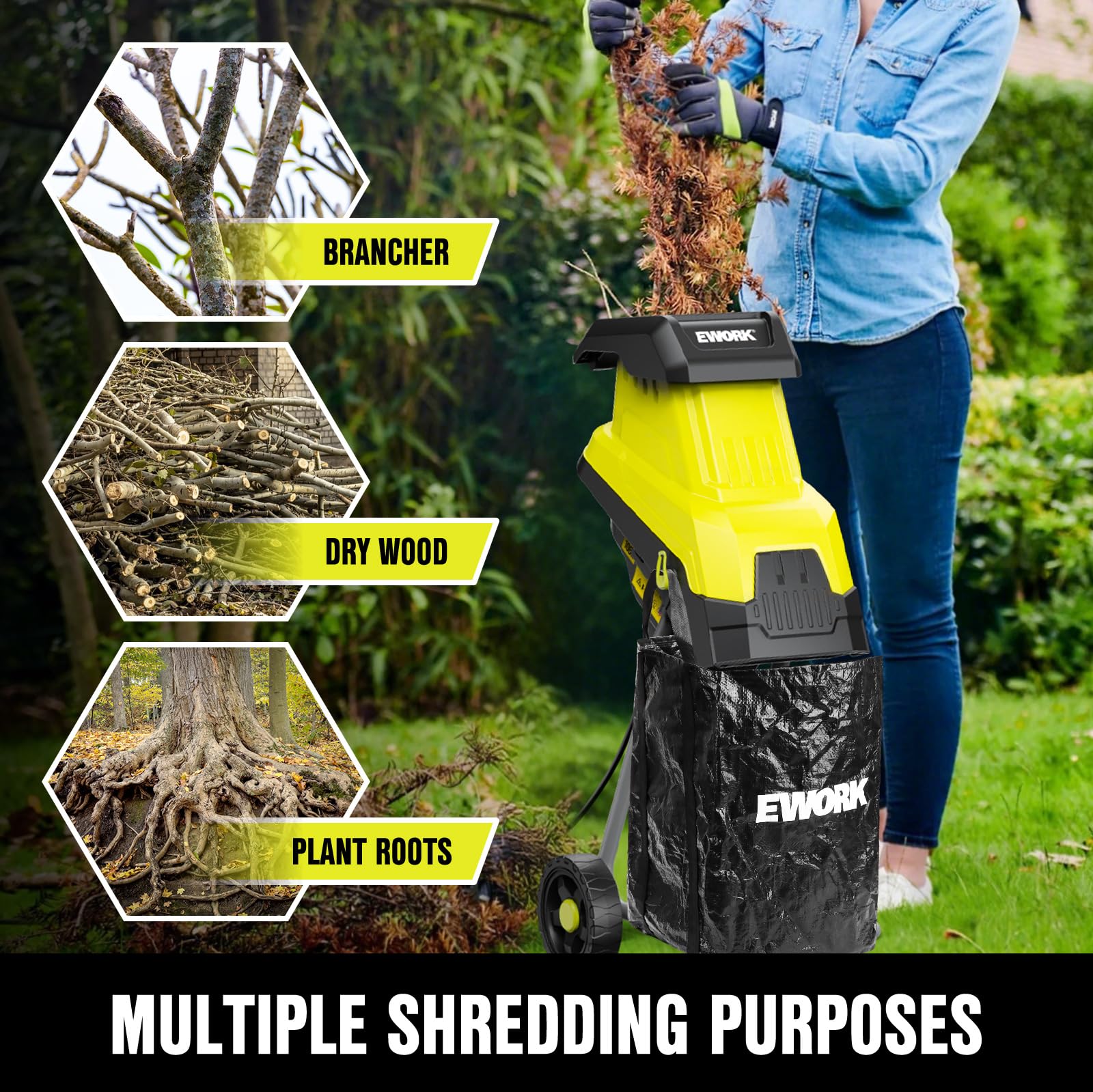 EWORK chipper operating in a backyard converting branches to mulch for garden reuse