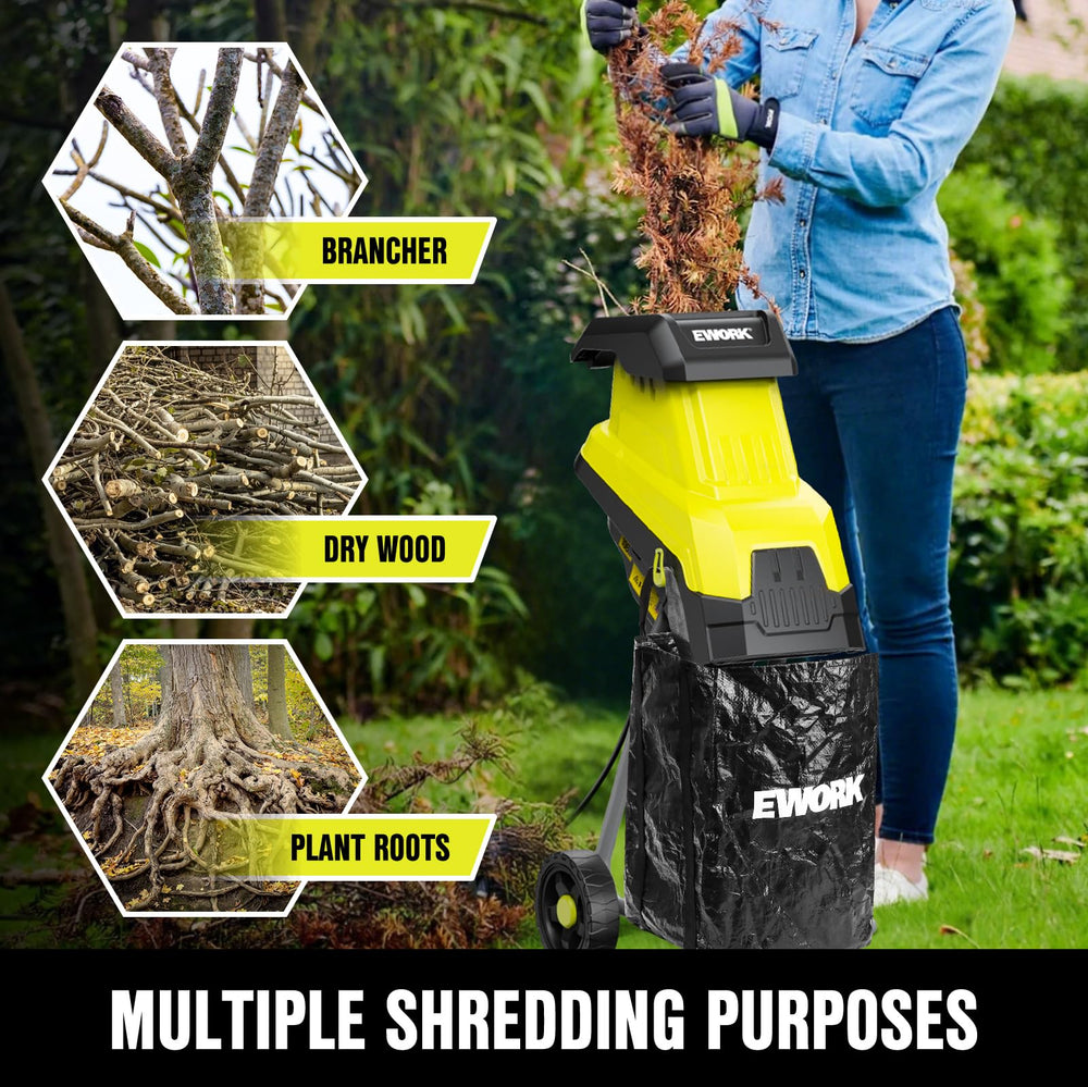 EWORK chipper operating in a backyard converting branches to mulch for garden reuse