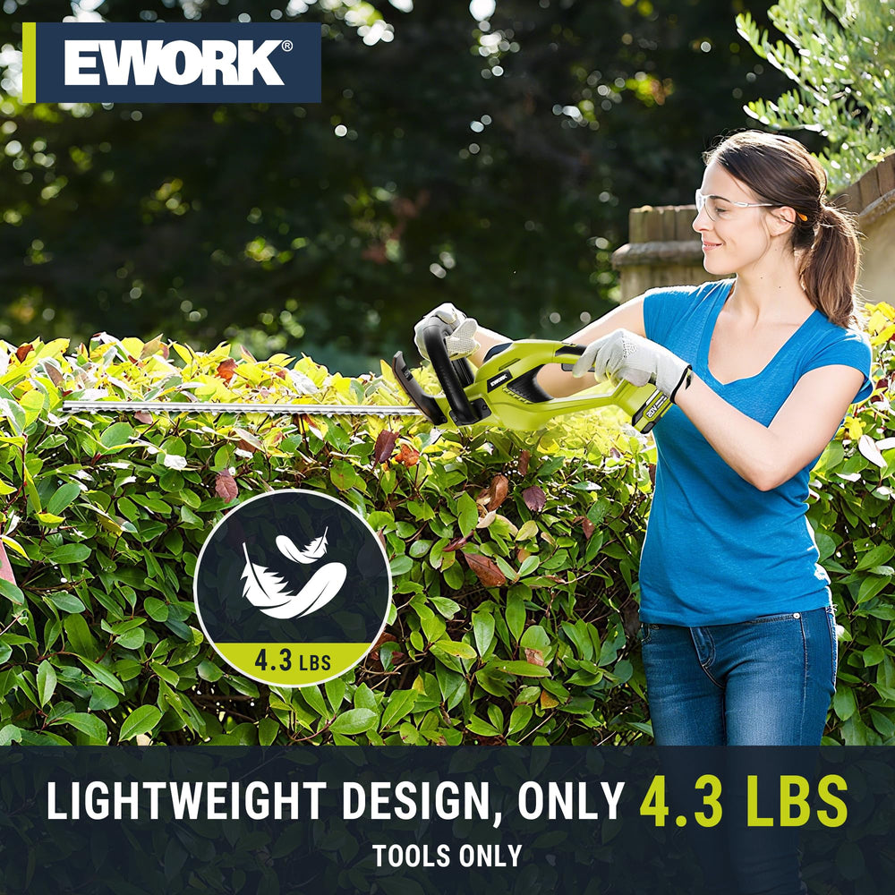 EWORK trimmer in use trimming a hedge demonstrating smooth handling and balance