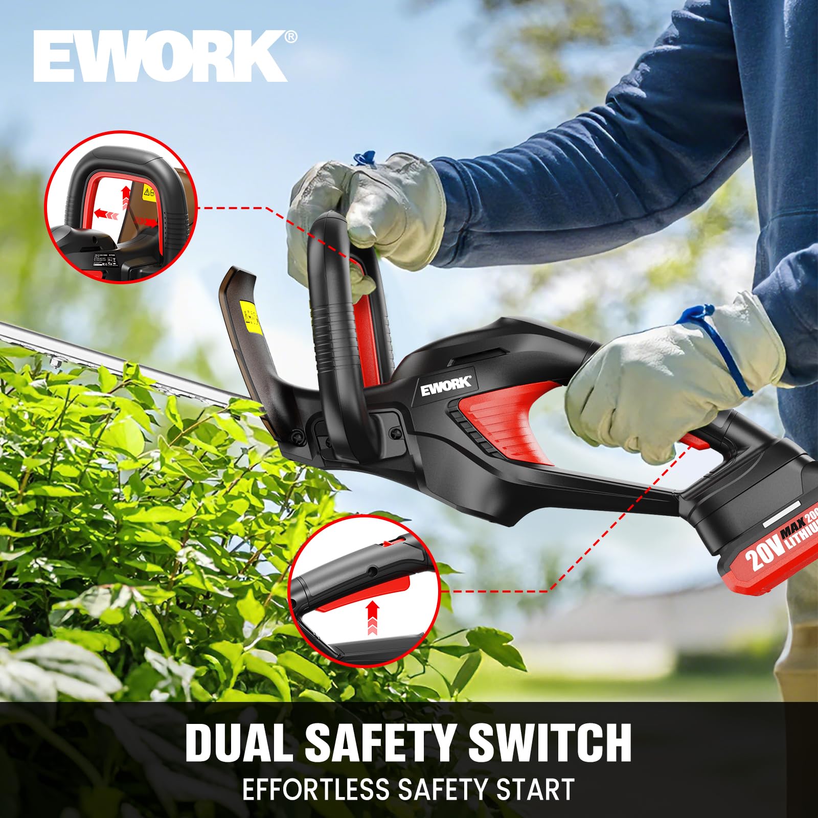 EWORK hedge trimmer in use trimming backyard hedge to show ease and control