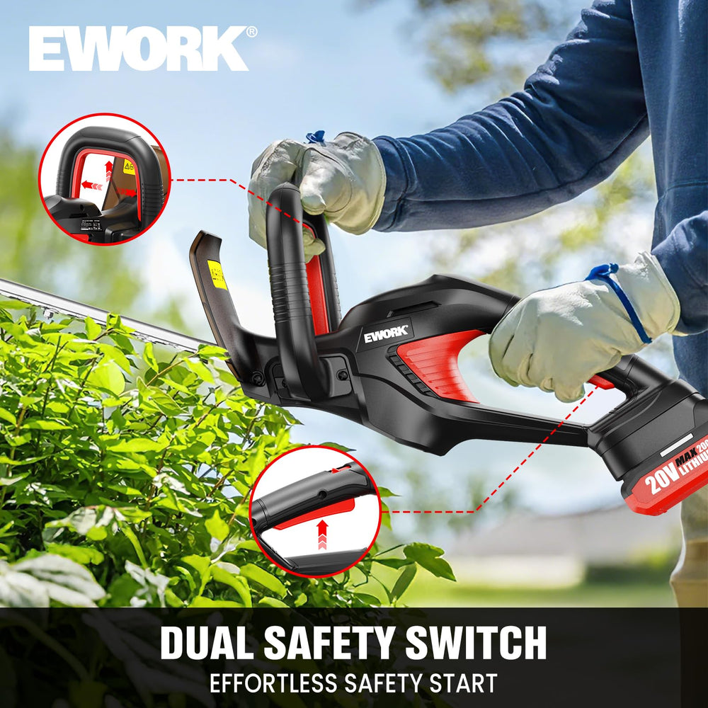 EWORK hedge trimmer in use trimming backyard hedge to show ease and control
