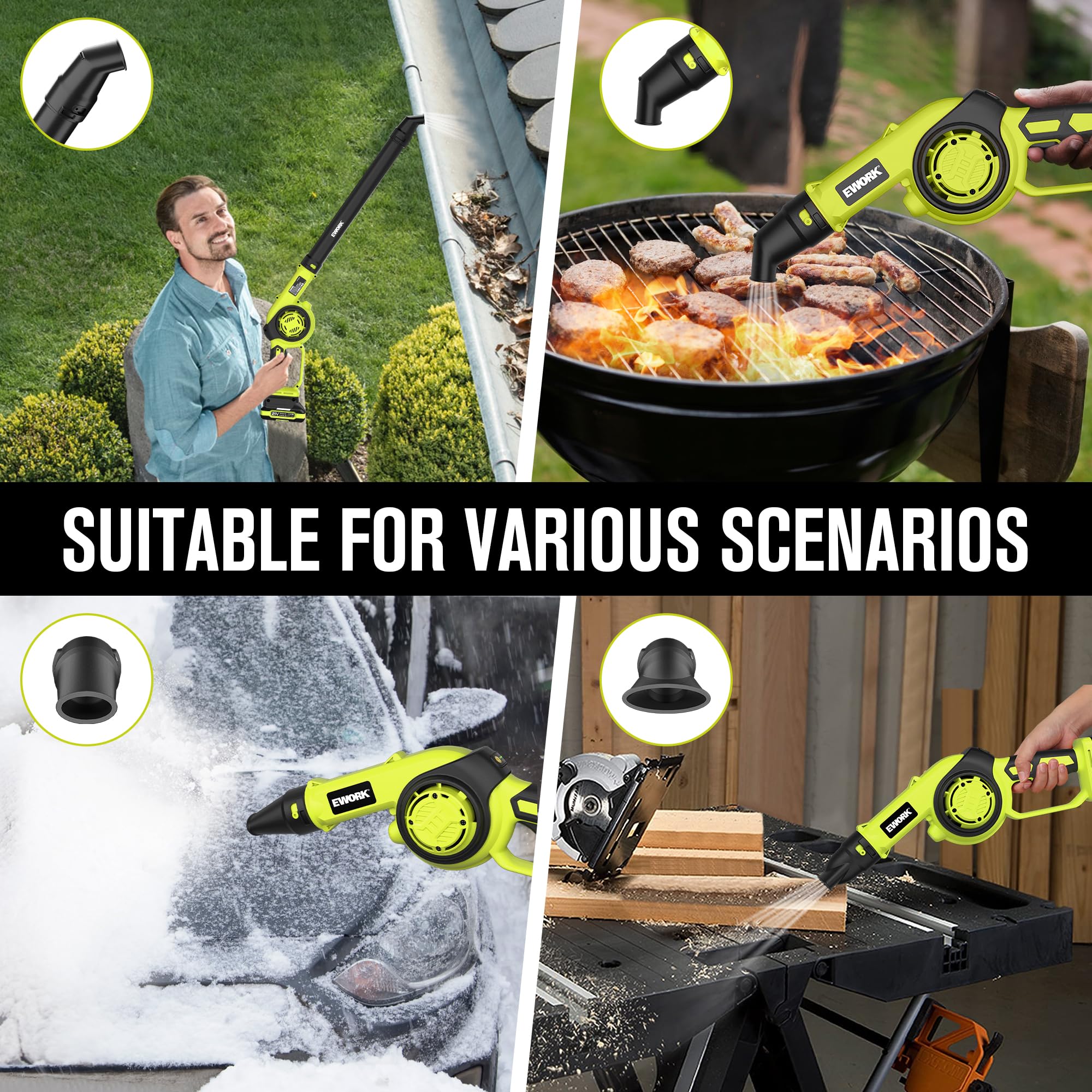 EWORK blower in use on patio clearing leaves quickly and efficiently