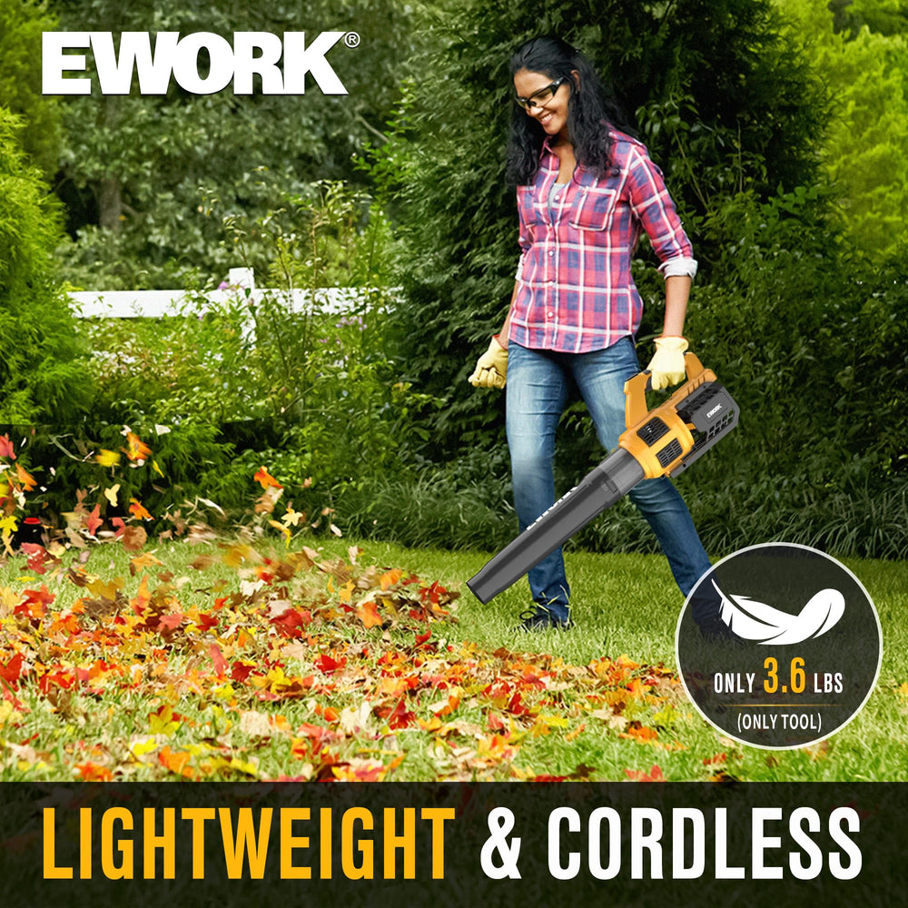 EWORK blower in use clearing leaves on a yard showing quick tidy-up benefit