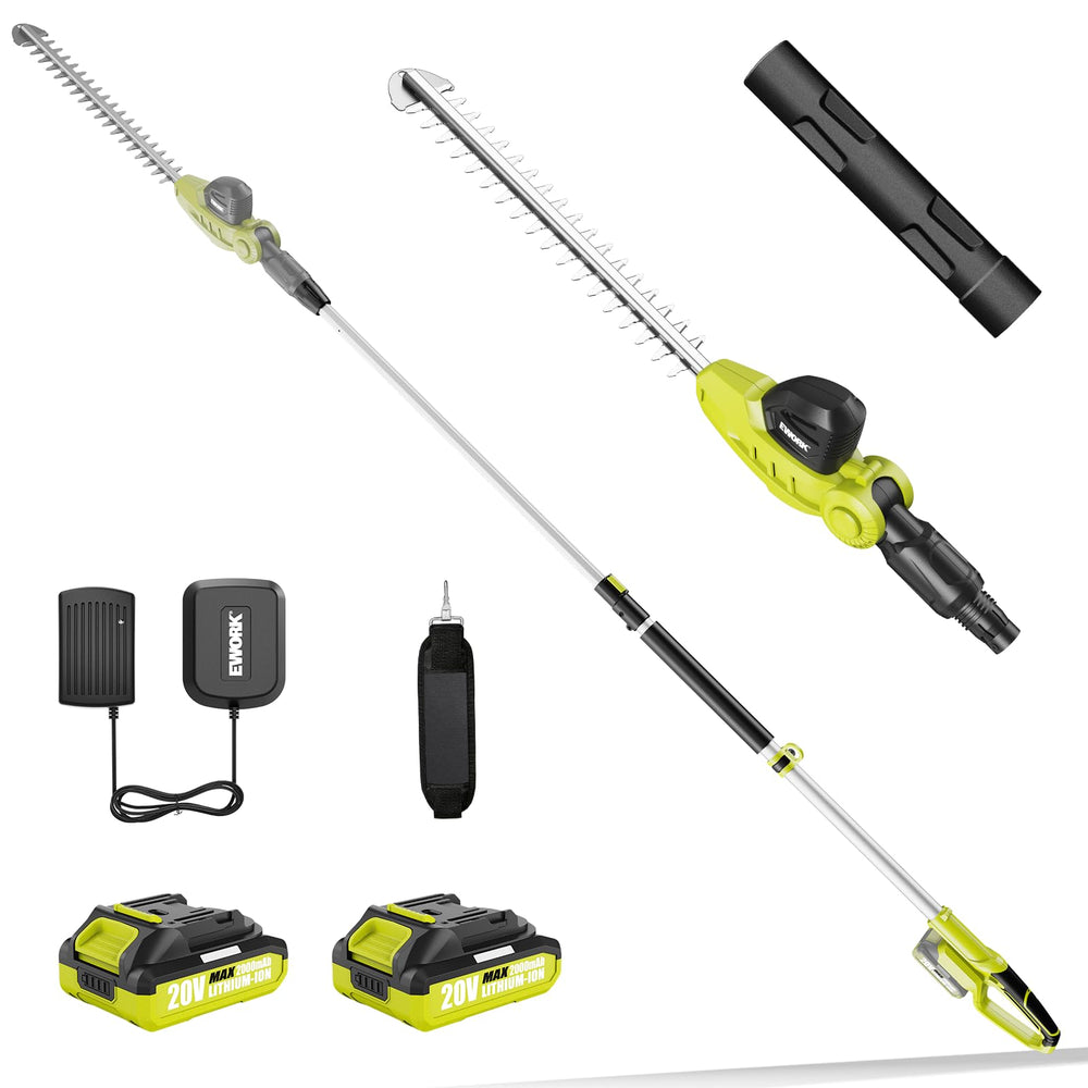 EWORK packaged accessories layout showing included batteries charger strap benefit