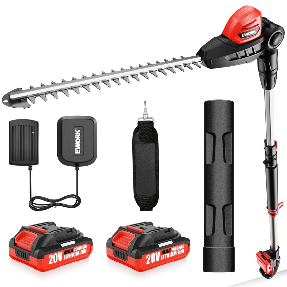 EWORK pole hedge trimmer front view showing controls and blade for easy operation