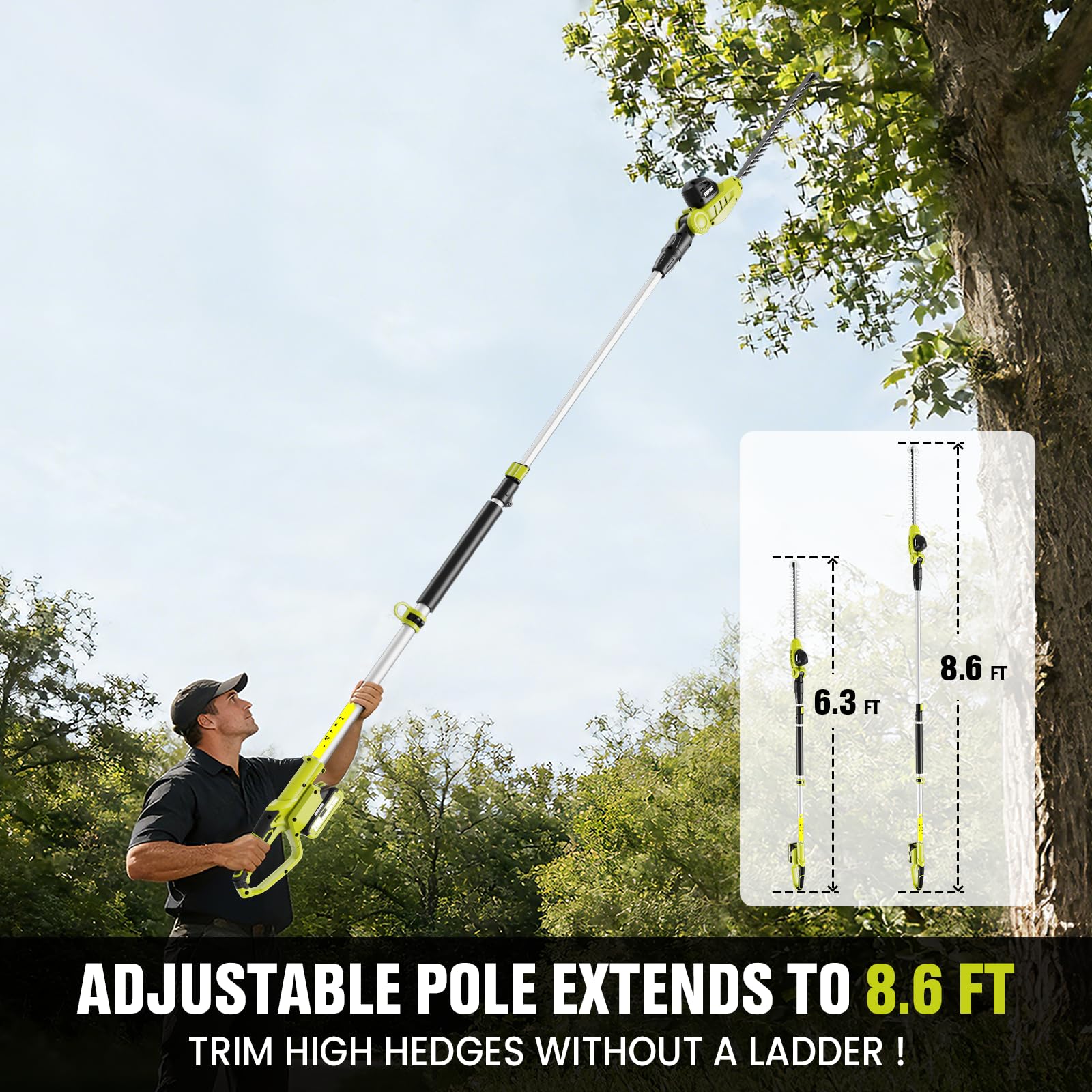 EWORK pole trimmer fully extended to show reach for ladder-free trimming benefit