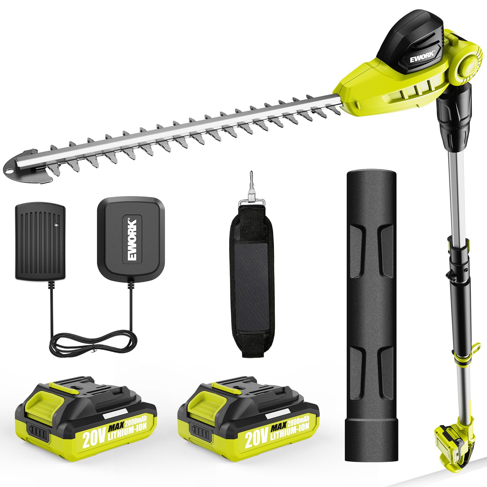 EWORK pole trimmer front view showing compact design and easy storage benefit