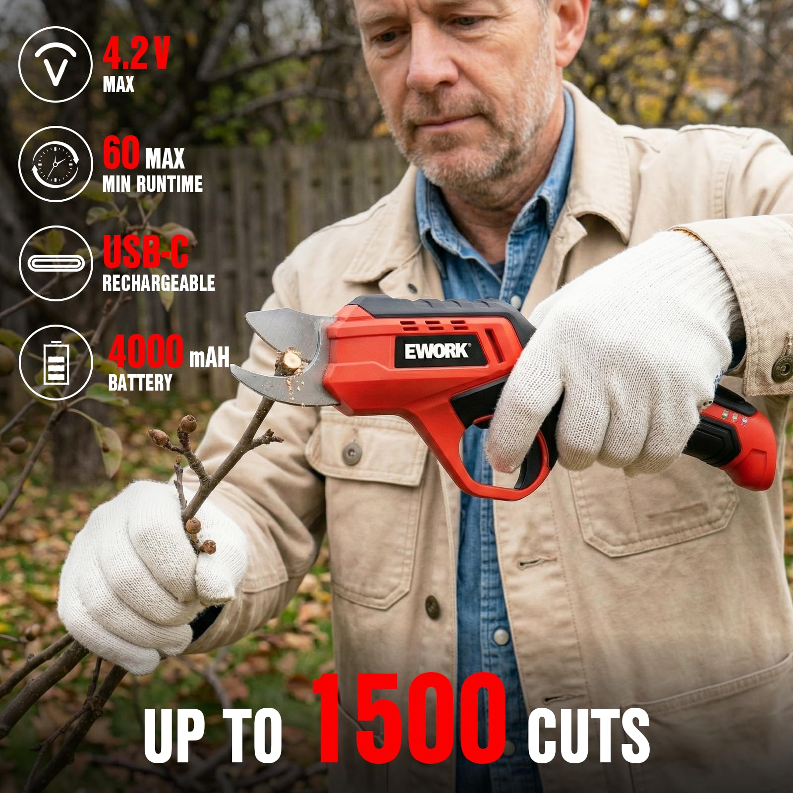 EWORK pruner in hand showing scale for comfortable ergonomic handling