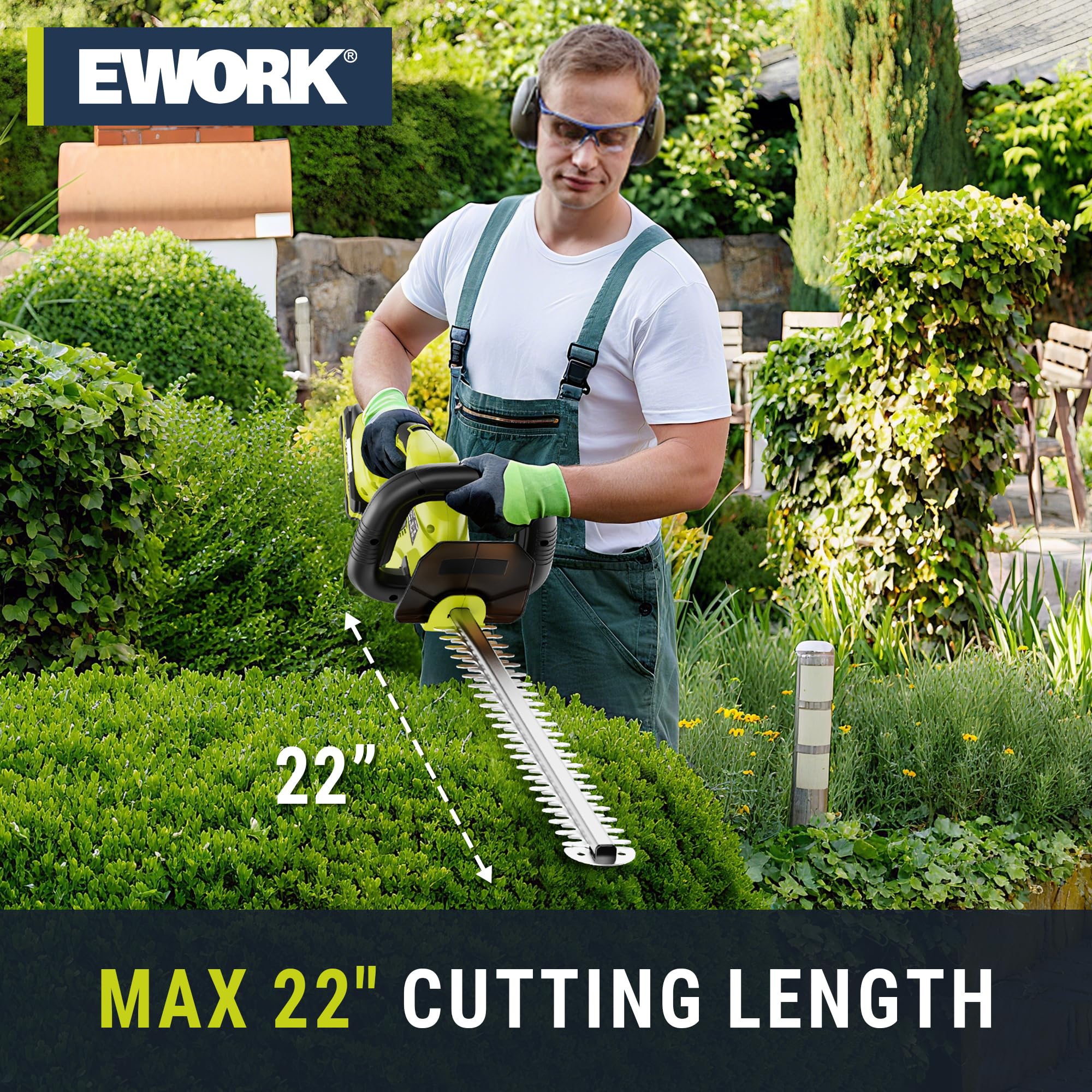 EWORK rotating rear handle angled for ergonomic control and easier trimming