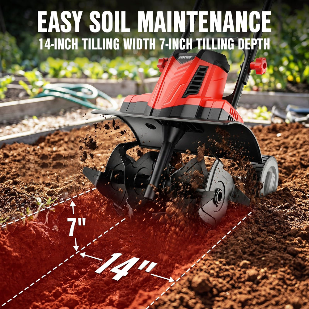 EWORK side view of adjustable wheels for setting tilling depth easily