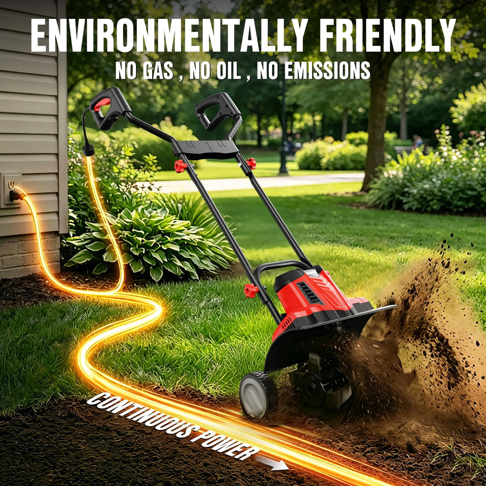 EWORK next to a rake to show scale and easy maneuverability in small plots