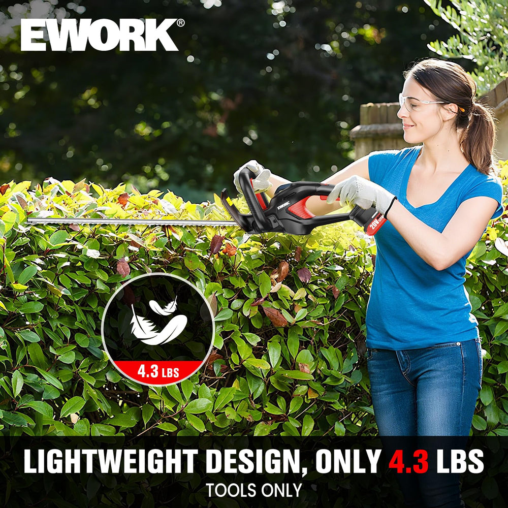 EWORK trimmer next to foot for scale demonstrating lightweight portability