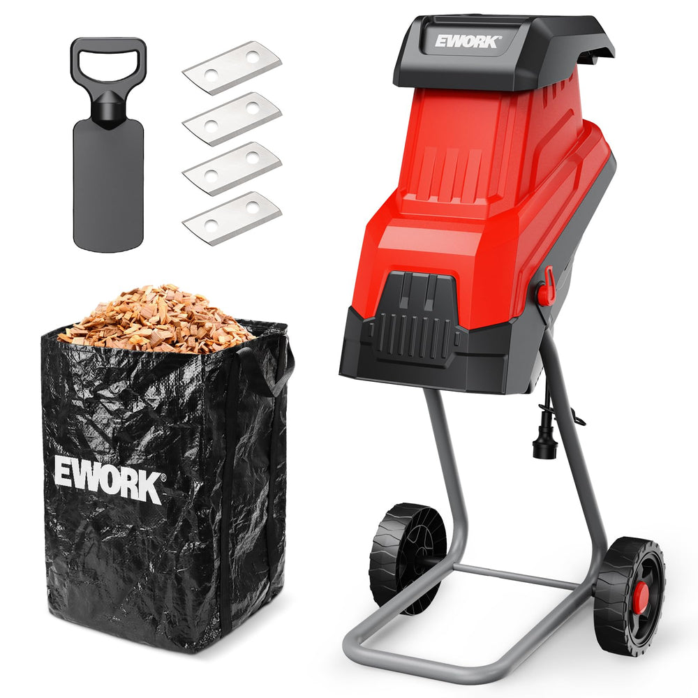 EWORK wood chipper front view showing compact design and easy setup
