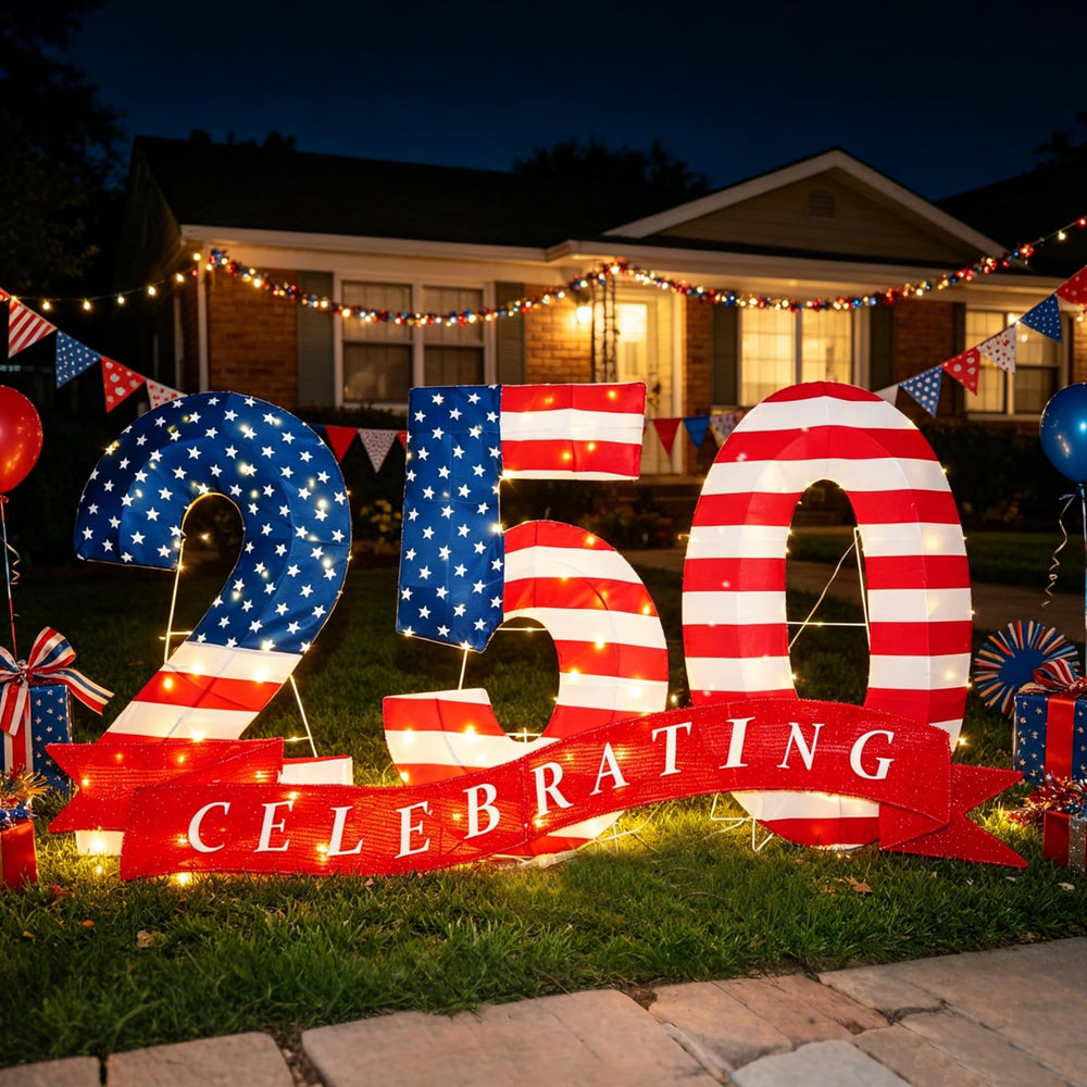 Execabe front view of illuminated 250 numbers showing curb appeal and patriotic accent