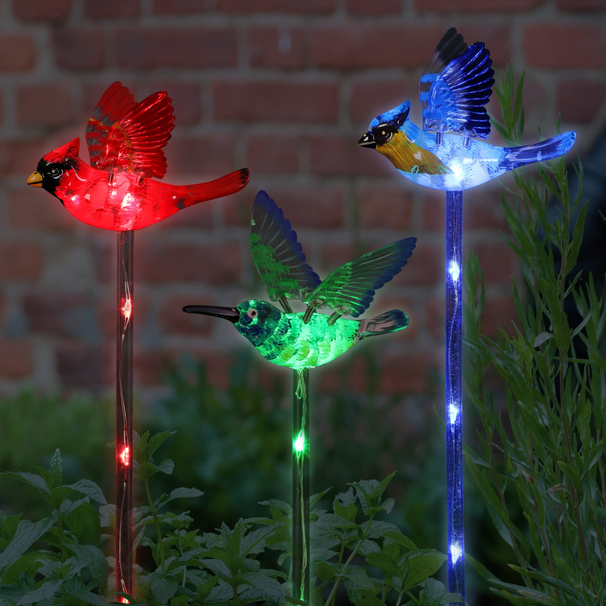 Exhart front view of three bird stakes showing colorful accents and LED glow