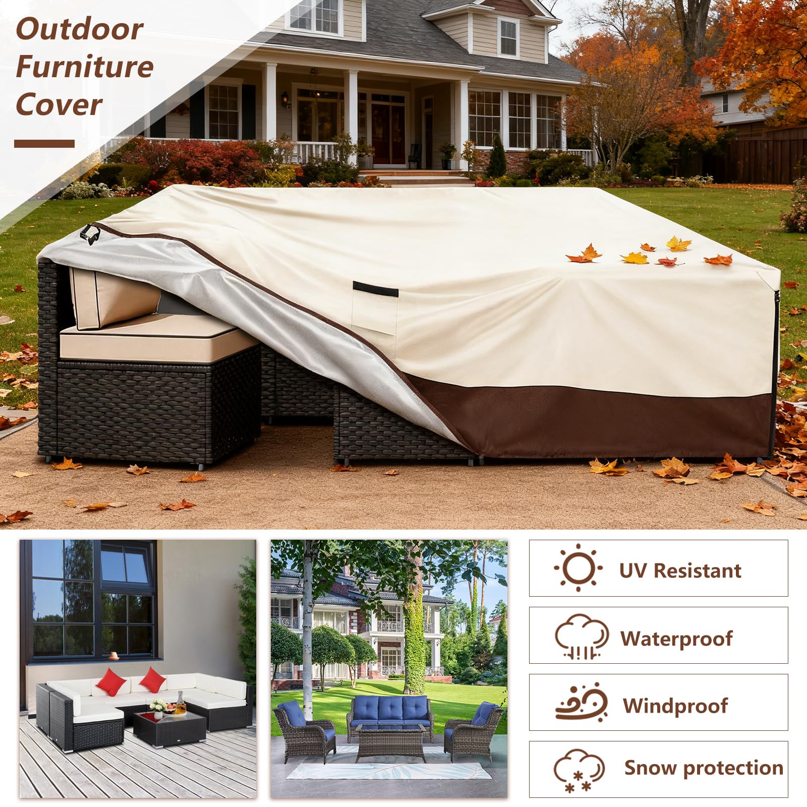 Exokugo cover in use on a large sectional on a sunny patio, keeping furniture clean