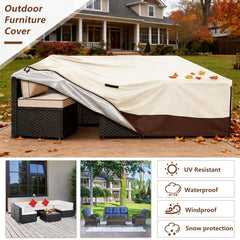 Exokugo cover in use on a large sectional on a sunny patio, keeping furniture clean