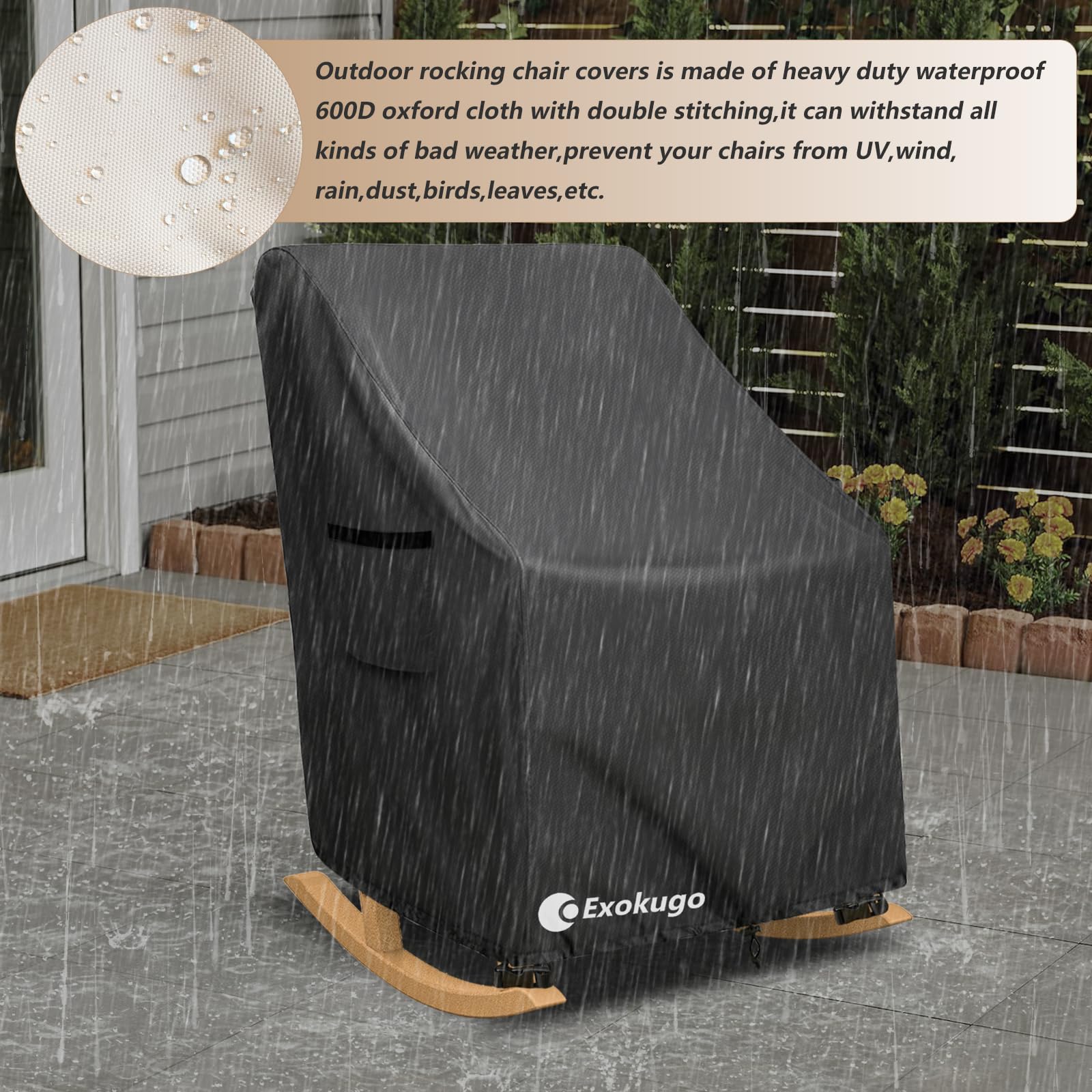 Exokugo covered rocking chair on wooden deck showing size and fit