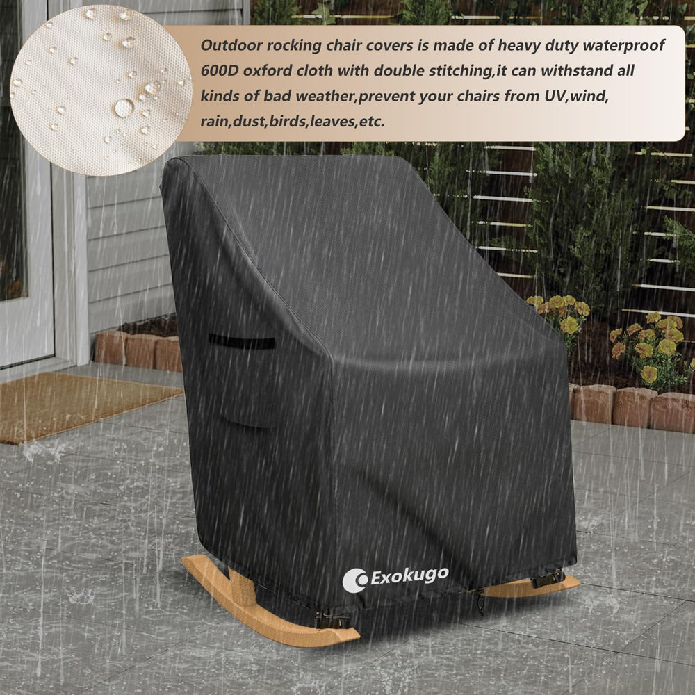Exokugo covered rocking chair on wooden deck showing size and fit