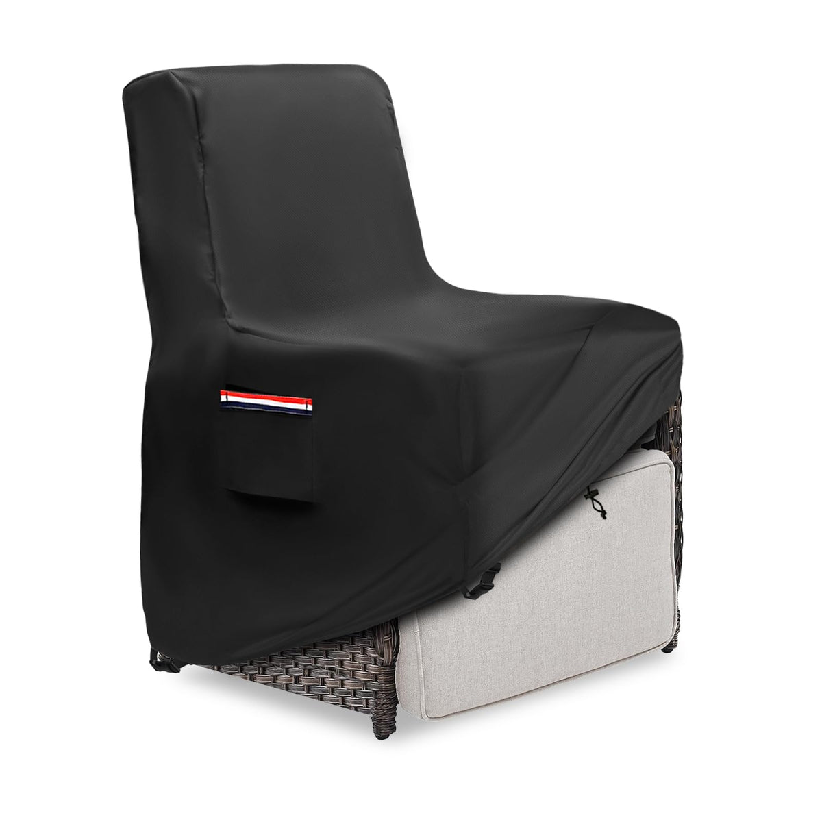 Exokugo front view on recliner showing full coverage and weather protection