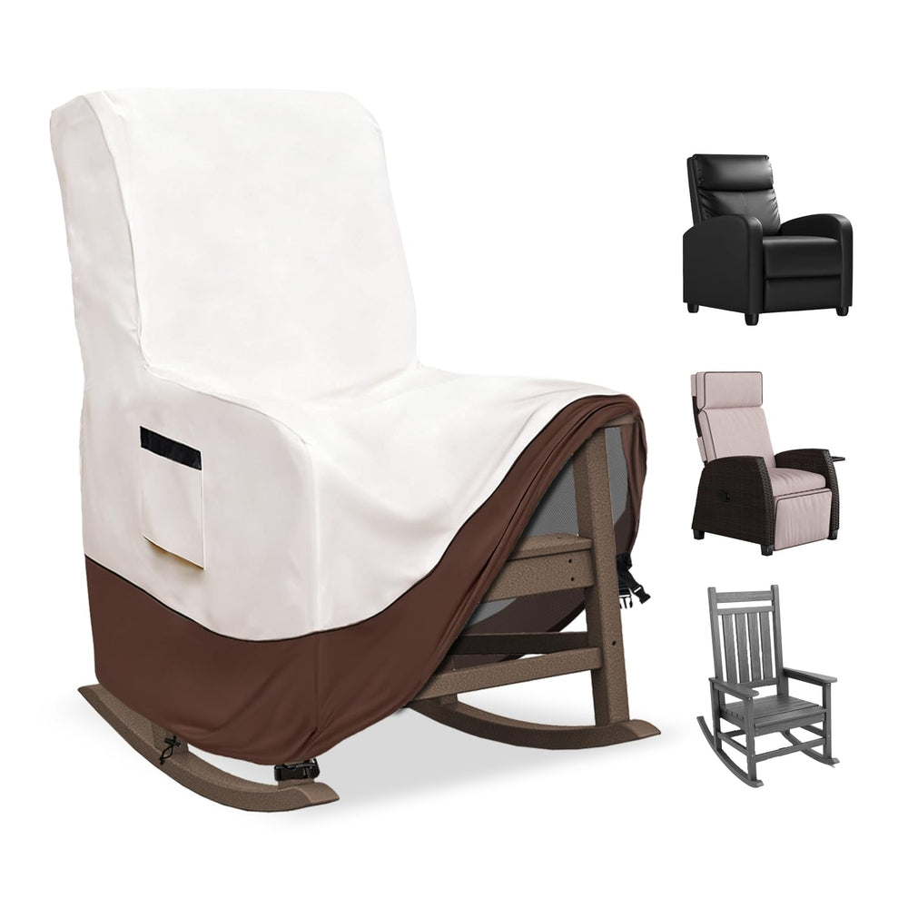 Exokugo front view showing full cover protecting rocking chair from weather