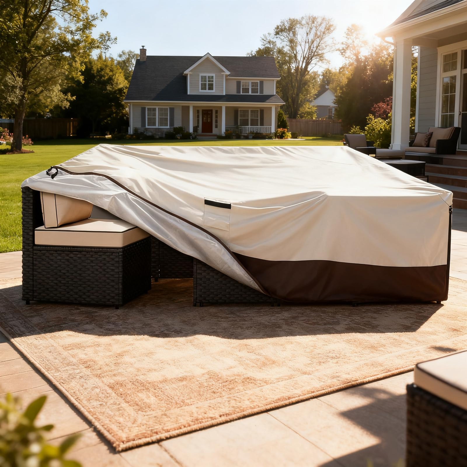 Exokugo lifestyle evening patio scene illustrating weather protection and neat look