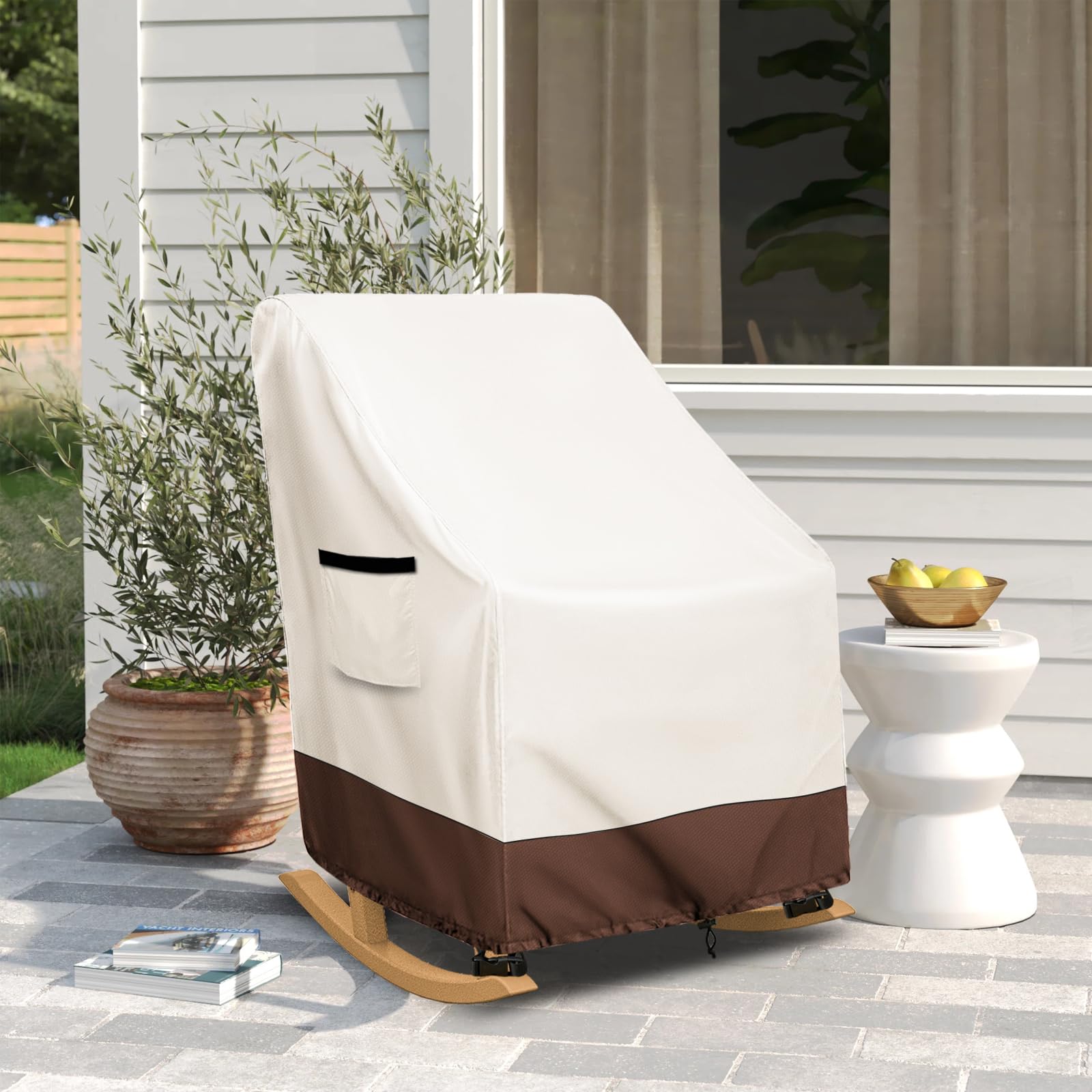 Exokugo cover in patio setting protecting chair in outdoor lifestyle scene