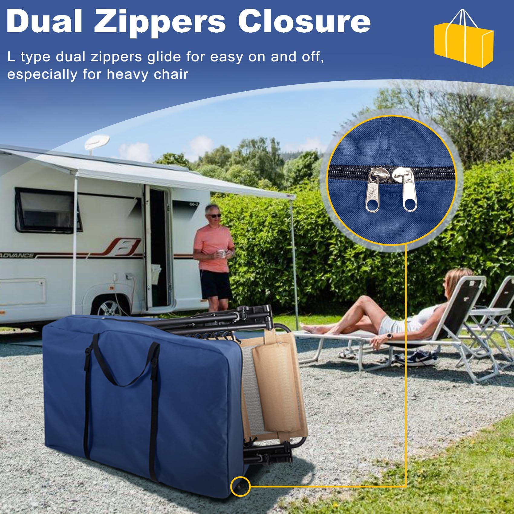 Explore Land L-type dual zipper detail demonstrating smooth on-and-off access for heavy chairs
