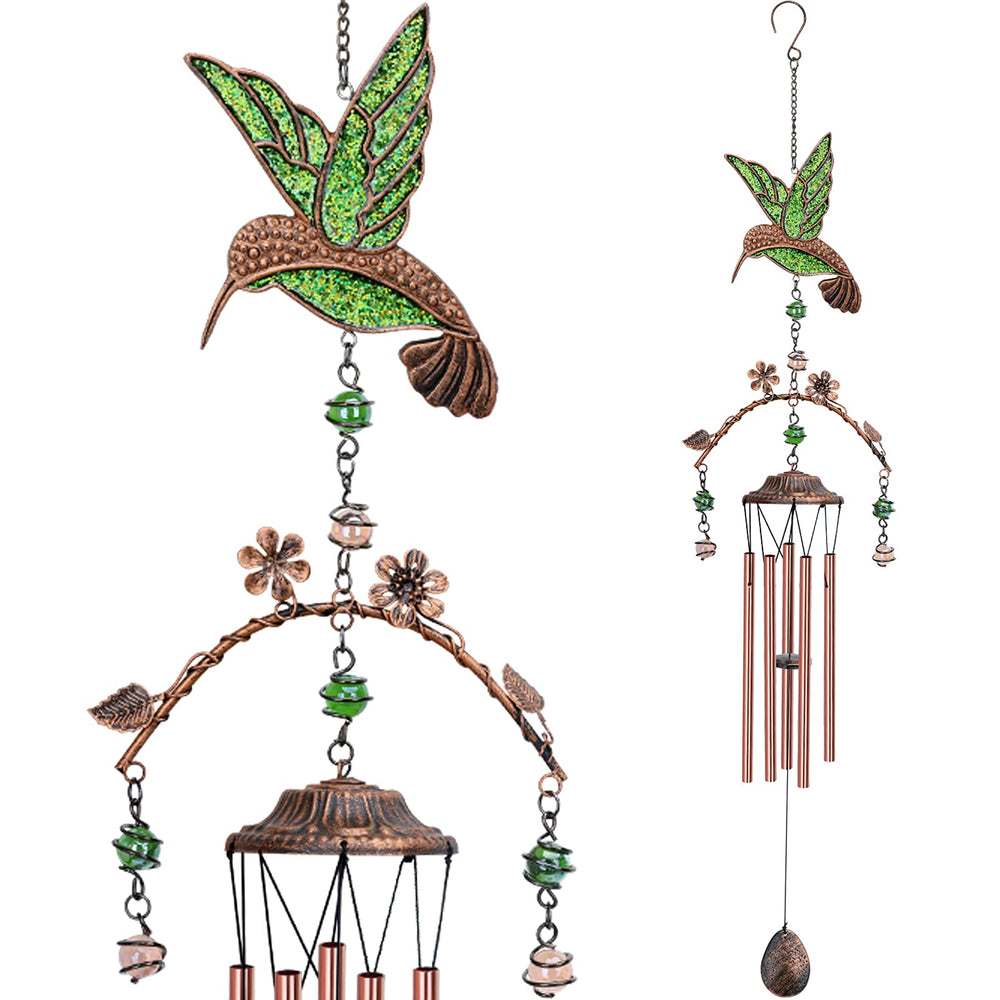 Exrisiry front view of hummingbird wind chime showing green glitter topper and tubes, decorative appeal