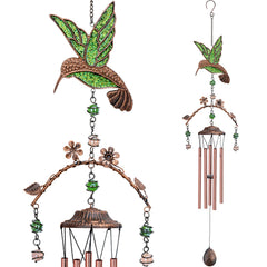 Exrisiry front view of hummingbird wind chime showing green glitter topper and tubes, decorative appeal