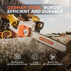 EXSHP chain mounted on a small saw cutting a branch safely