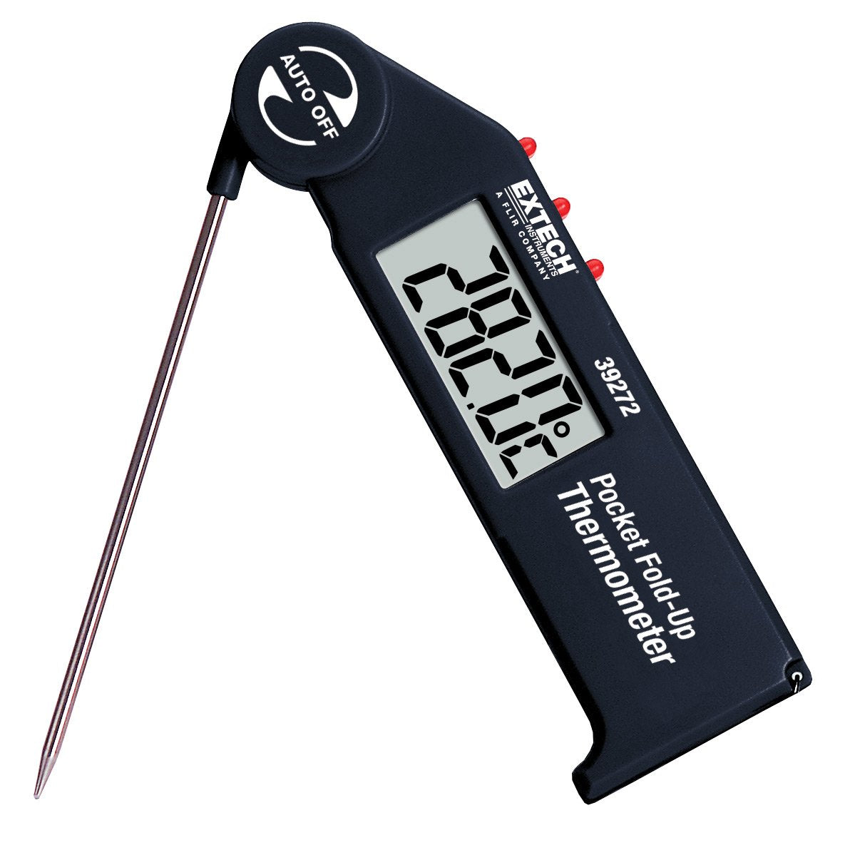 Extech pocket thermometer front view with clear LCD showing fast readable temperature