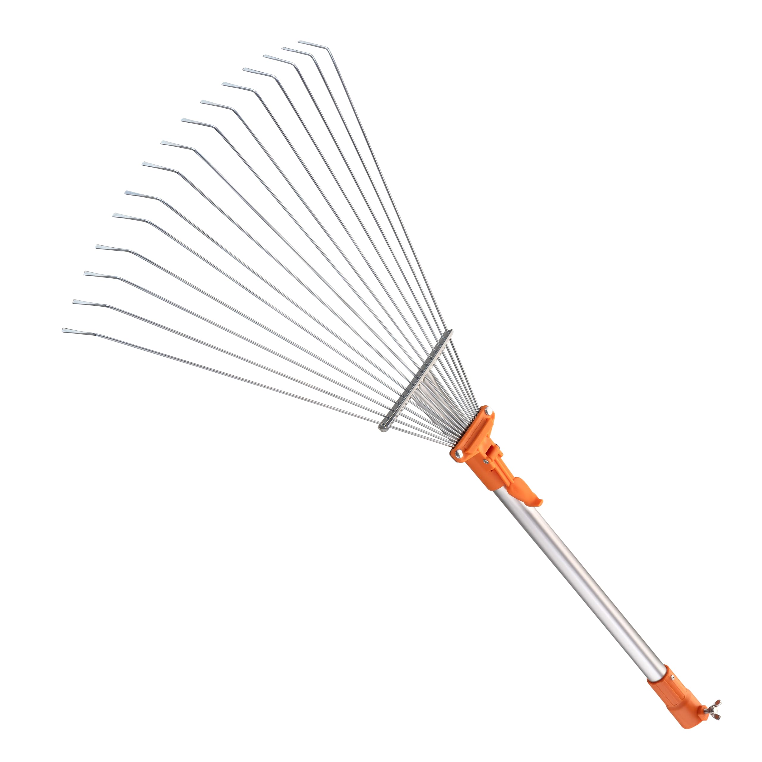 EXTEND-A-REACH front view of metal rake head showing wide tines and benefits