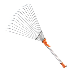 EXTEND-A-REACH front view of metal rake head showing wide tines and benefits