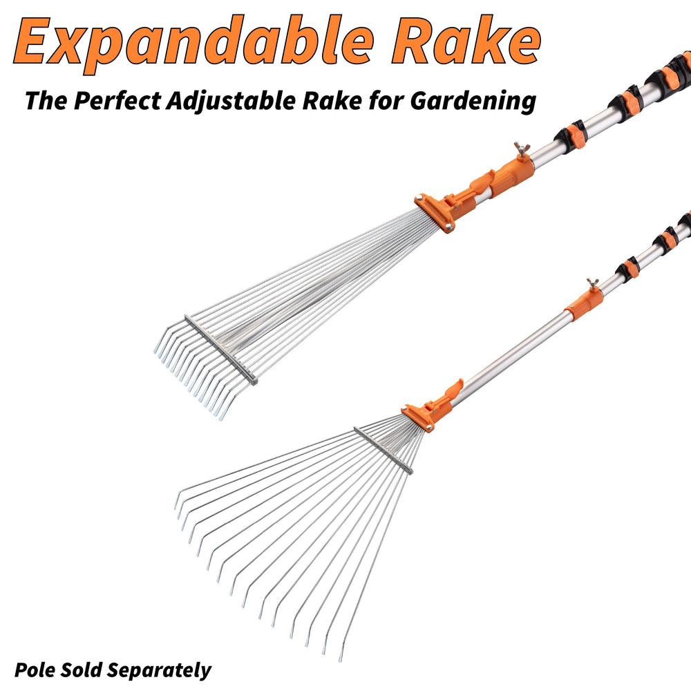 EXTEND-A-REACH rake attached to pole sweeping leaves along a roofline safely