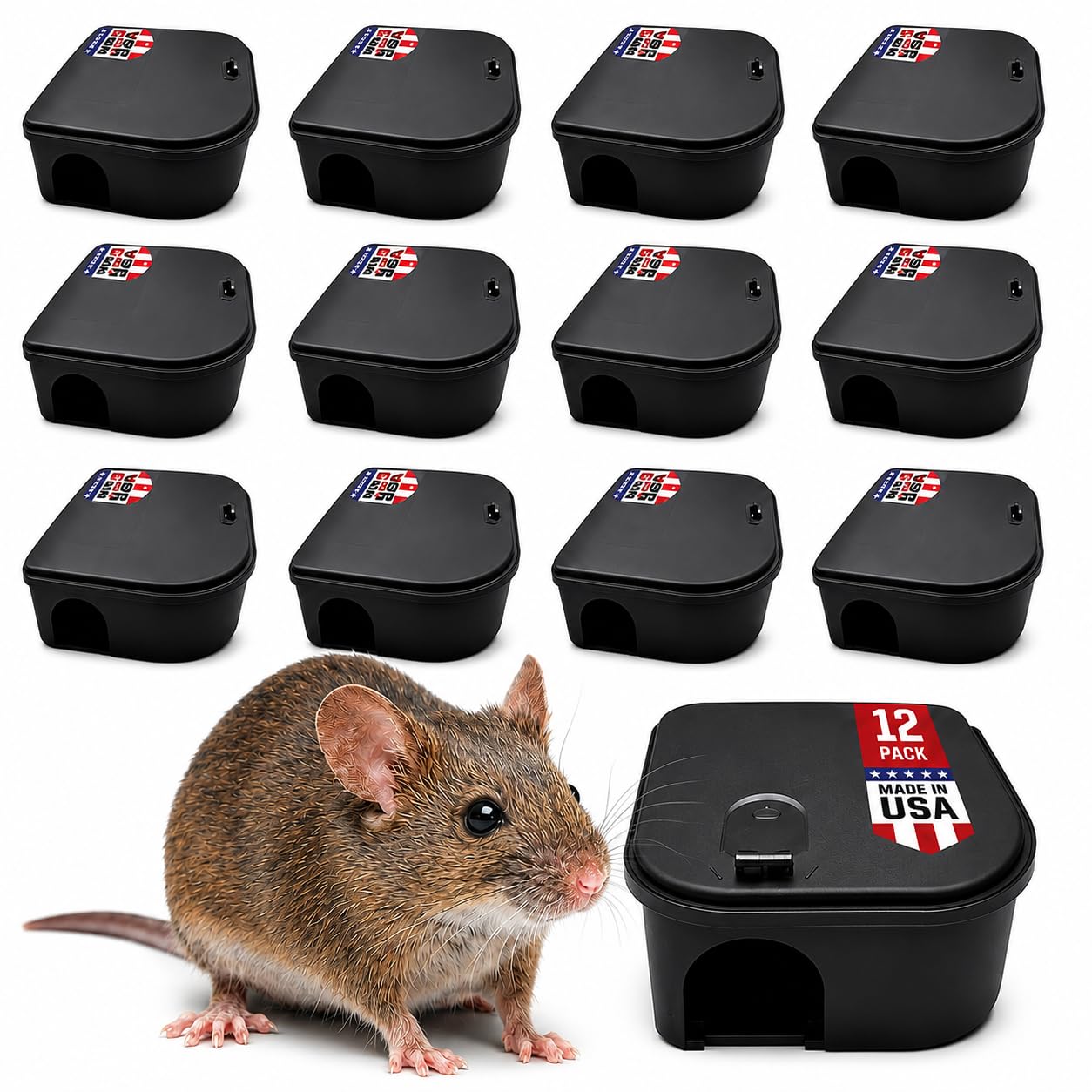 Exterminators Choice front packaging showing 12 bait stations and key, easy storage benefit
